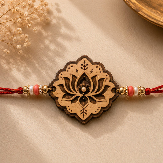 Lotus Pearl Premium Wooden Rakhi
