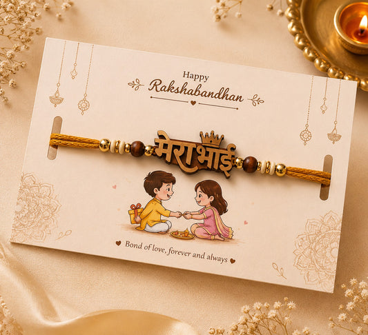 Mera Bhai Wooden Rakhi with Sibling Artwork