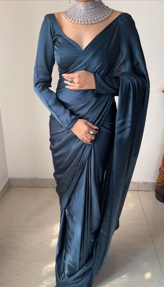 Peacock Blue Satin One Minute Saree Plus