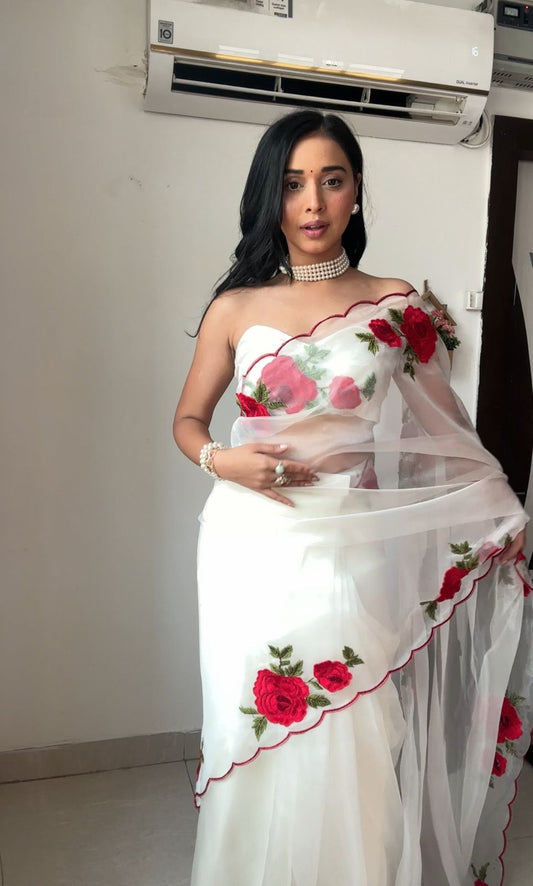 Hand Embroidered Premium Rose Organza Saree