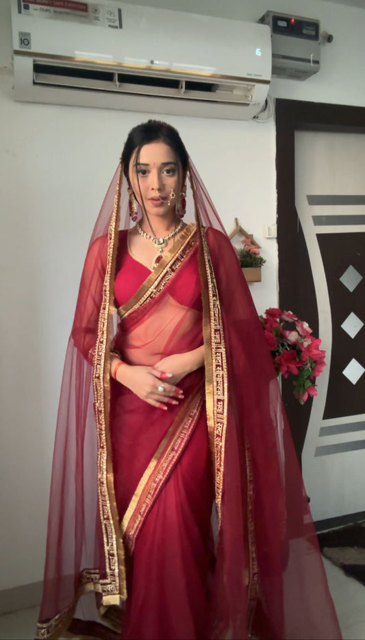 Sangriya Sada Saubhagyavati bhava Maroon Mesh one minute Saree and Blouse with Dupatta Set