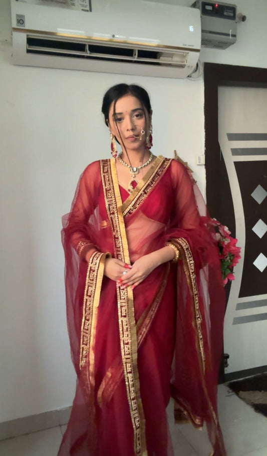 Sangriya Sada Saubhagyavati bhava Maroon Mesh one minute Saree and Blouse with Dupatta Set