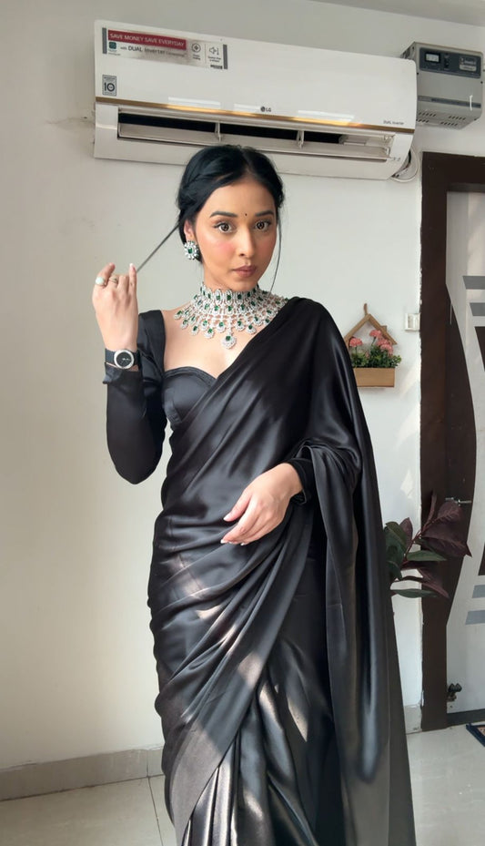 Ebony Black Satin One Minute Saree Plus