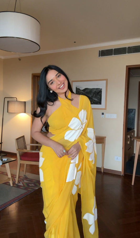 Blooming Plumeria Hand Painted Chiffon One Minute Saree