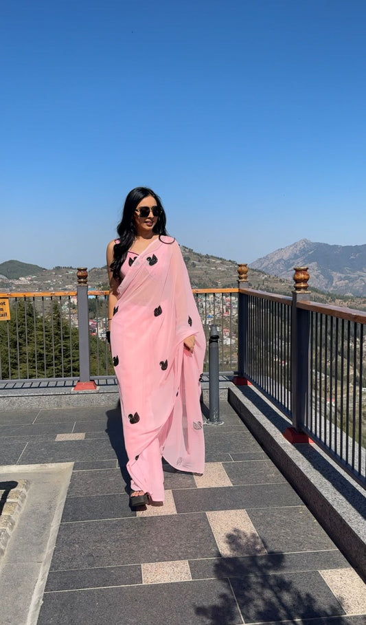 Unstitched Swan Hand Embroidered Georgette Saree