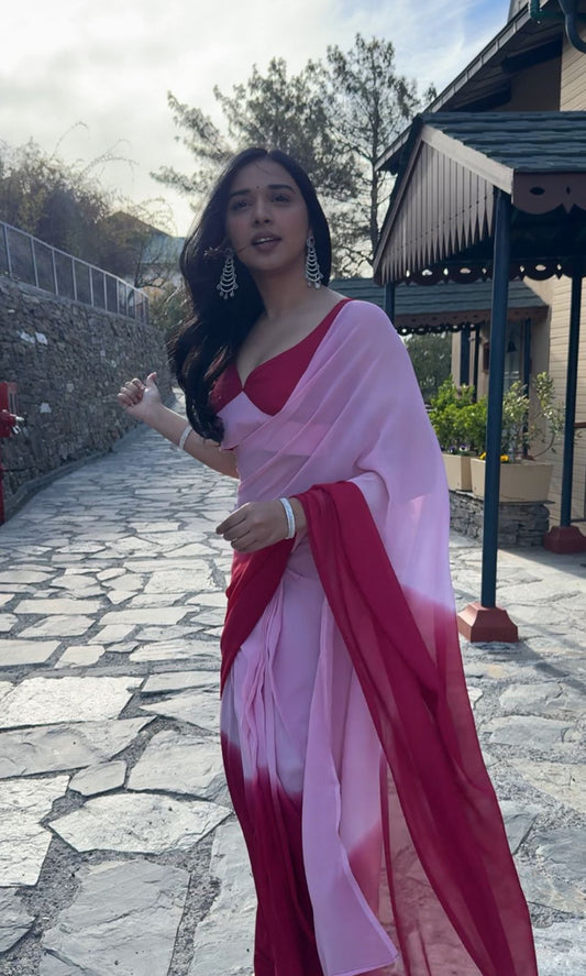 Unstitched Azalea Pink and Pink Shaded Chiffon Saree
