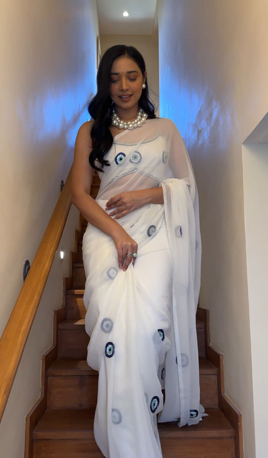Evil Eye Hand Embroidered White Georgette One Minute Saree