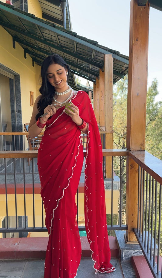 Red Georgette Pear Scallop Hand Embroidery One Minute Saree