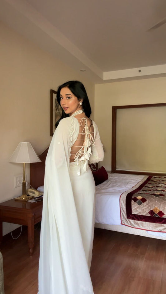 Egg Shell Pearl Hand Embroidery Georgette One Minute Saree