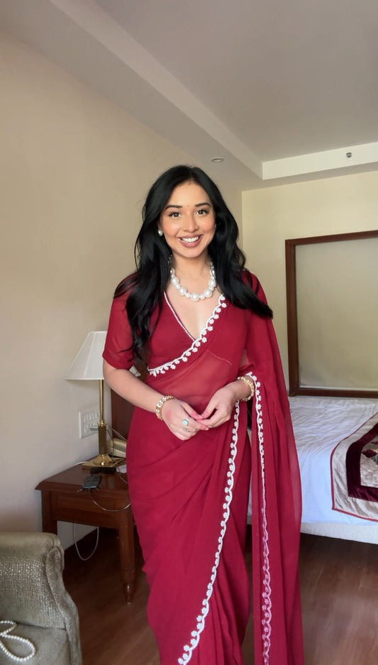 Ladybug Red Pearl Hand Embroidery Georgette One Minute Saree