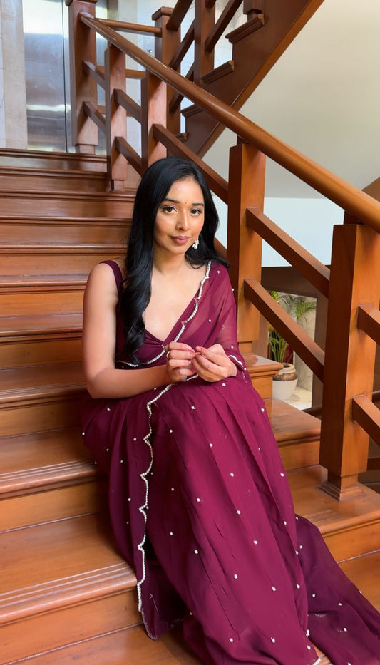 Boysenberry Keshi Pearls Hand Embroidery Georgette One Minute Saree