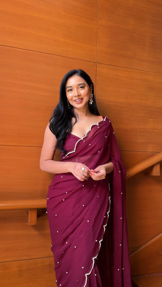 Unstitched Boysenberry Keshi Pearls Hand Embroidery Georgette Saree