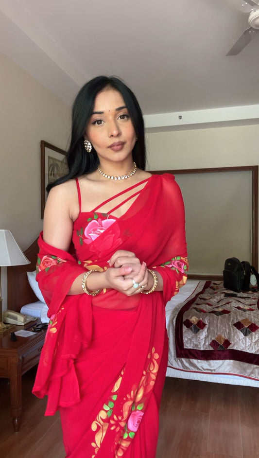 Unstitched Elegant Queen Raspberry Handpainted Organza Saree