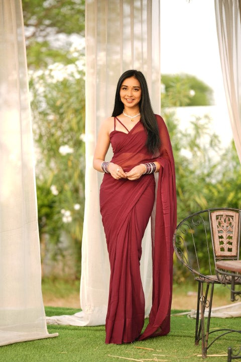 Unstiched Claret Wine Georgette Saree