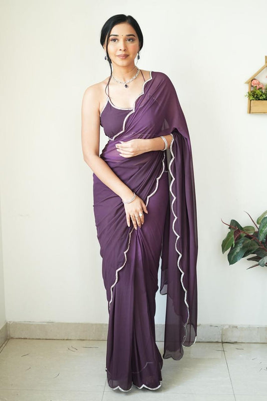 Sangria Diamond Work Scallop Border Georgette One Minute Saree