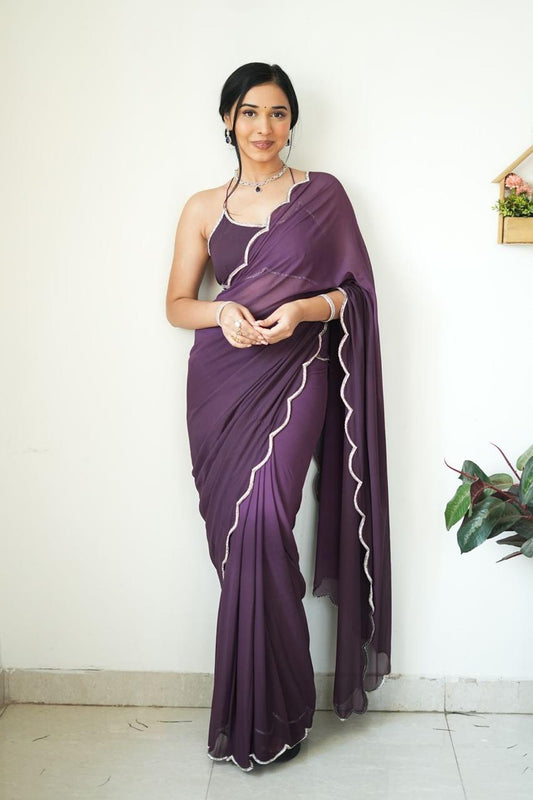 Sangria Diamond Work Scallop Border Georgette One Minute Saree