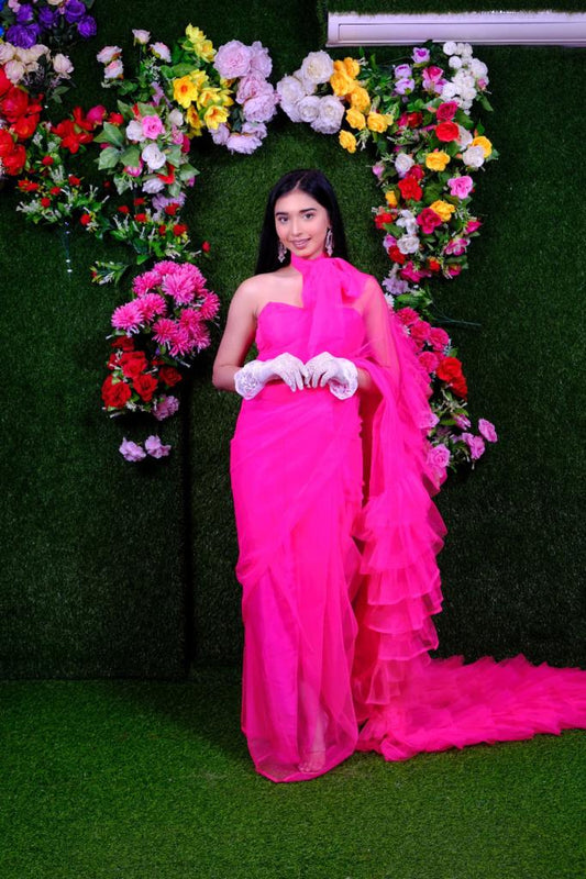 Neon Pink Queen Frill Saree
