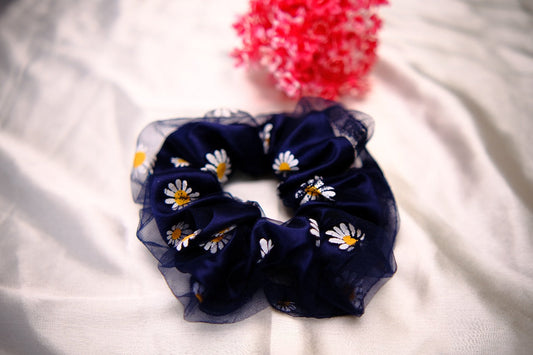 Double Layer Floral Blue Satin Scrunchies