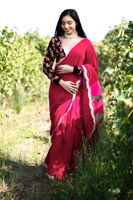Pink Rose Velvet Saree