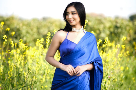 Unstitched Kingfisher Blue Satin Saree