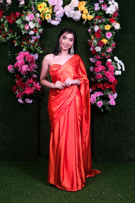 Unstitched Tangerine Satin Saree