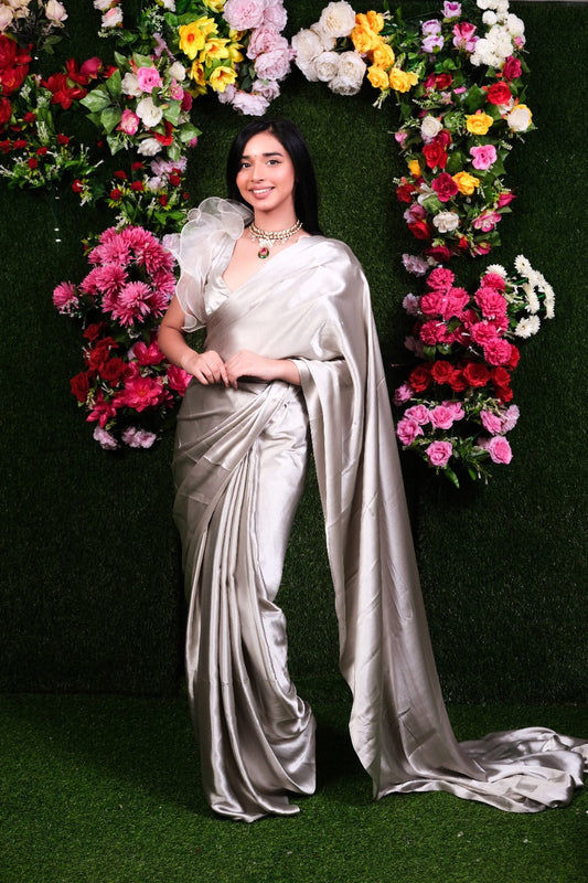 Unstitched Mother of Pearl Satin Saree