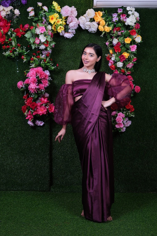 Unstitched Wine Satin Saree