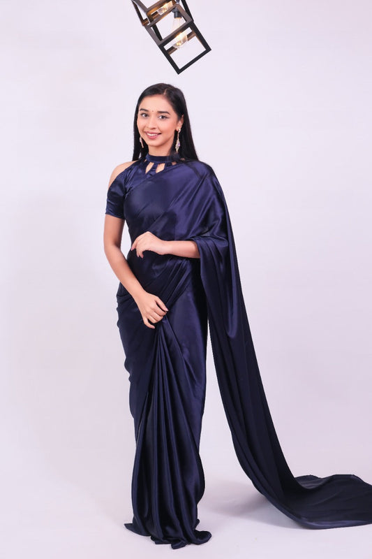 Unstitched Charis Navy Blue Satin Saree