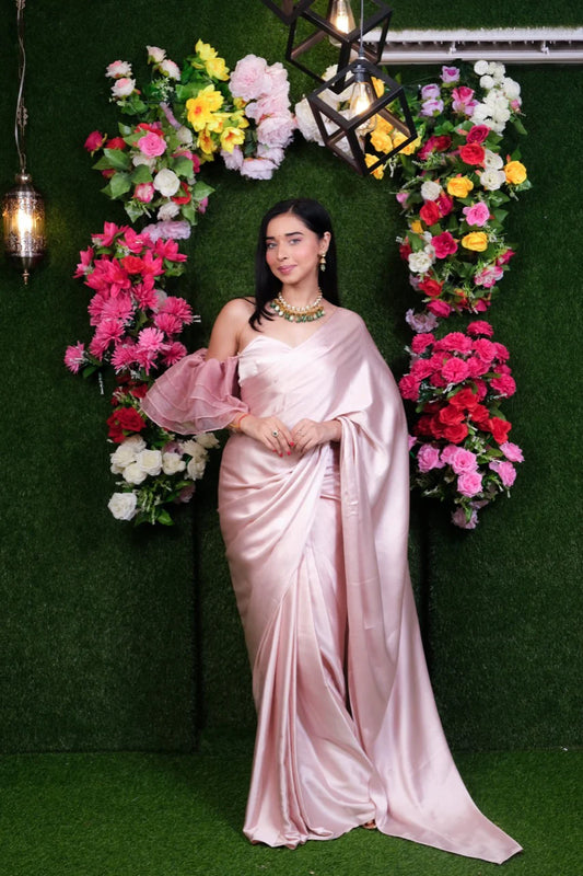 Unstitched Rose Gold Satin Saree