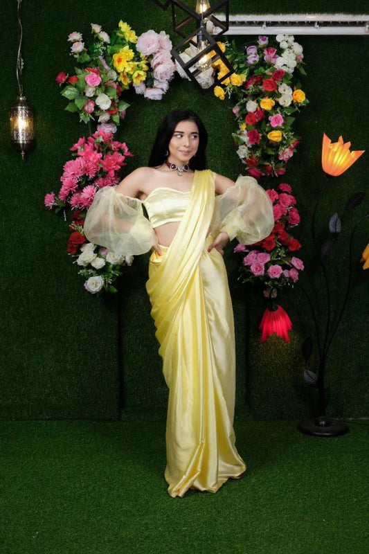 Unstitched Lime Satin Saree