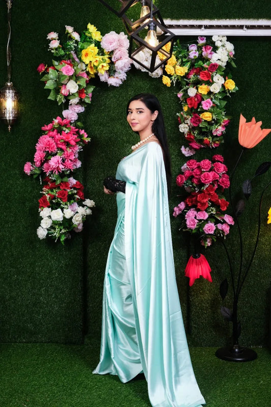 Unstitched Ice Blue Satin Saree