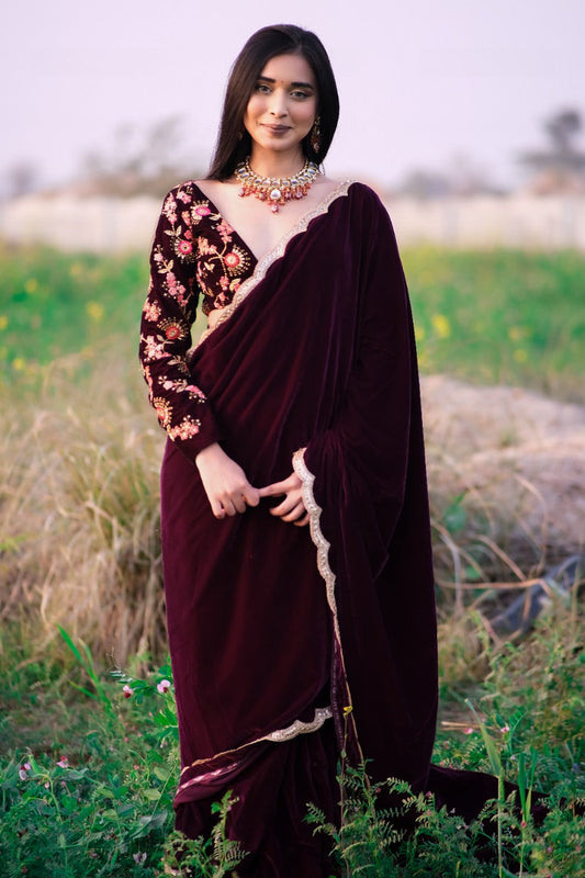 Wine Velvet Saree