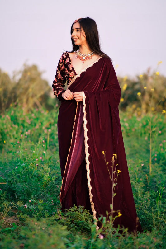 Unstitched Wine Velvet Saree