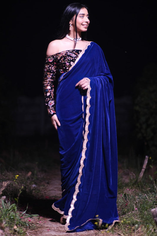 Unstitched Royal Blue Velvet Saree