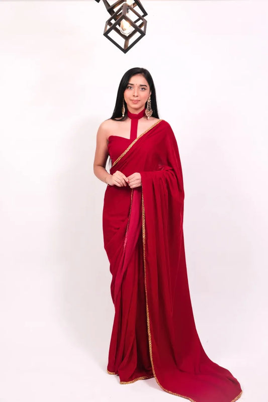 Unstitched Red Velvet  Saree