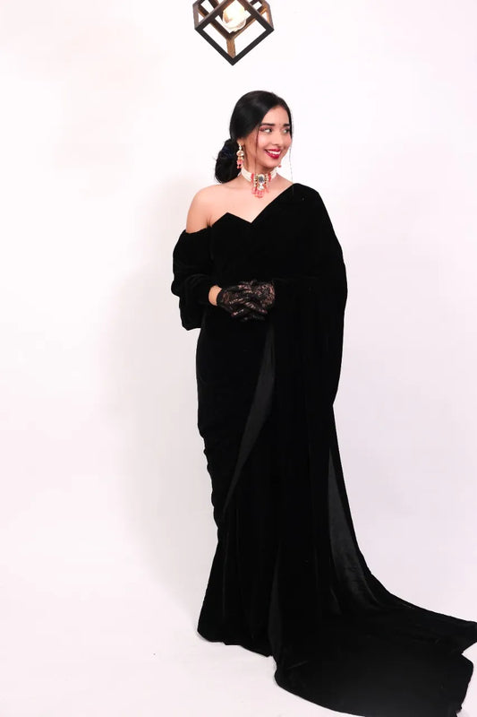 Unstitched Black Velvet One Minute Saree