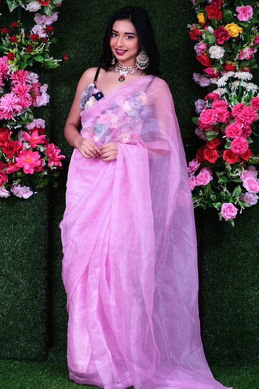French Rose One Minute Organza Saree