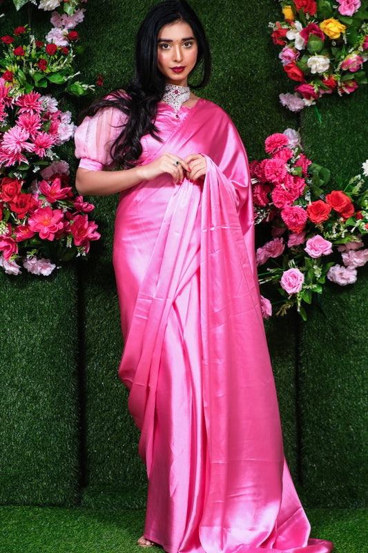 French Pink One Minute Satin Saree