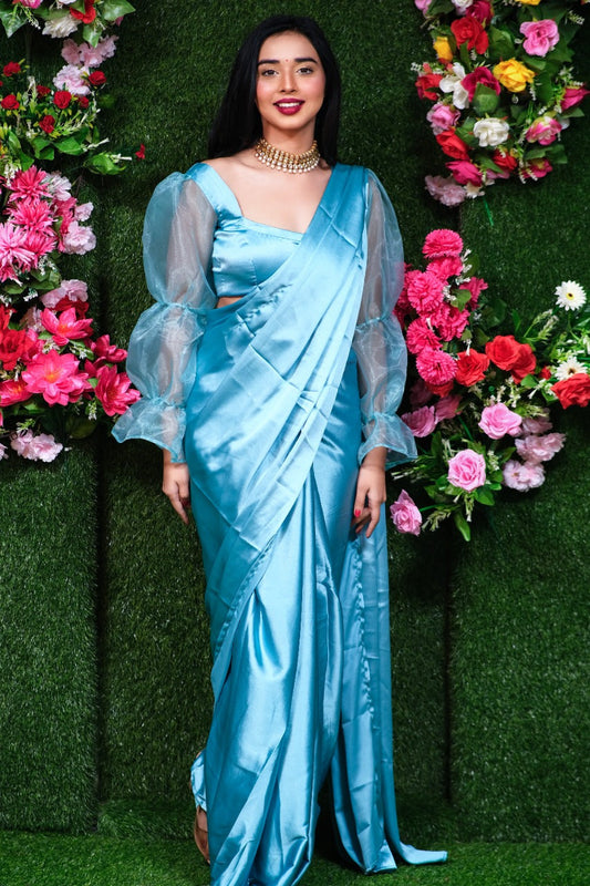 Unstitched Aladin Blue Satin Saree