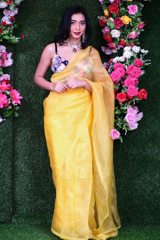 Unstitched Butter Organza Saree