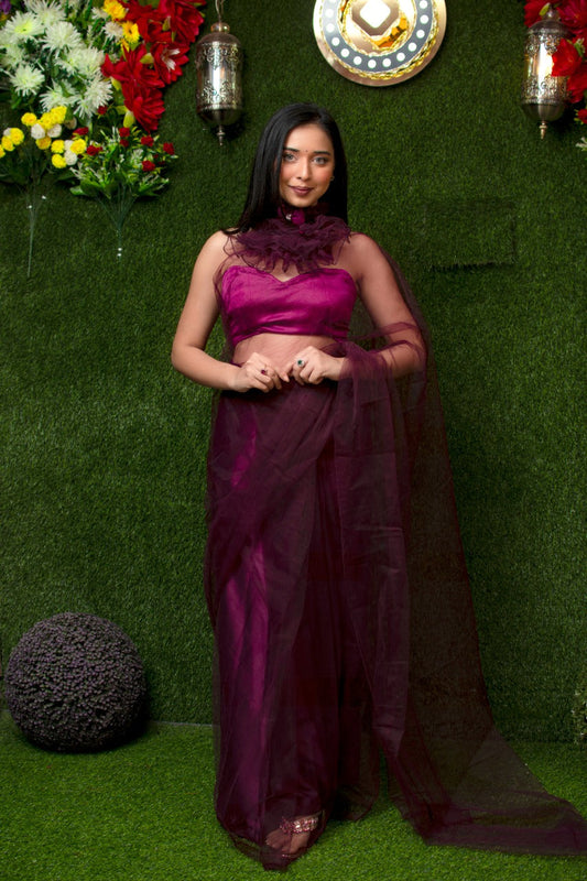 Wine Mesh One Minute Saree
