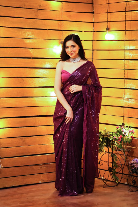 Unstitched Wine Filmfare Sequence Saree