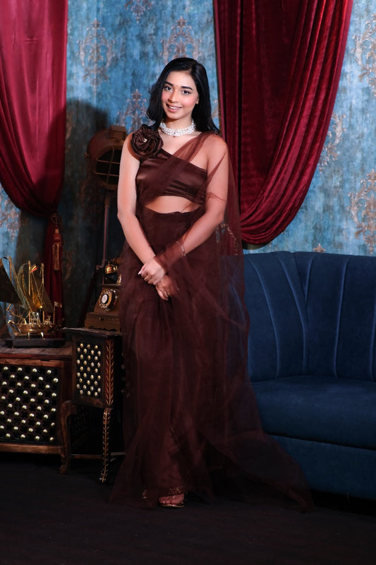 Unstitched Brown Mesh Saree