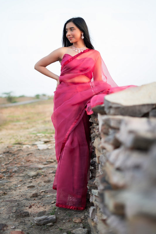 Strawberry Fire Organza Saree