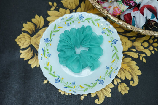 Teal blue organza scrunchie