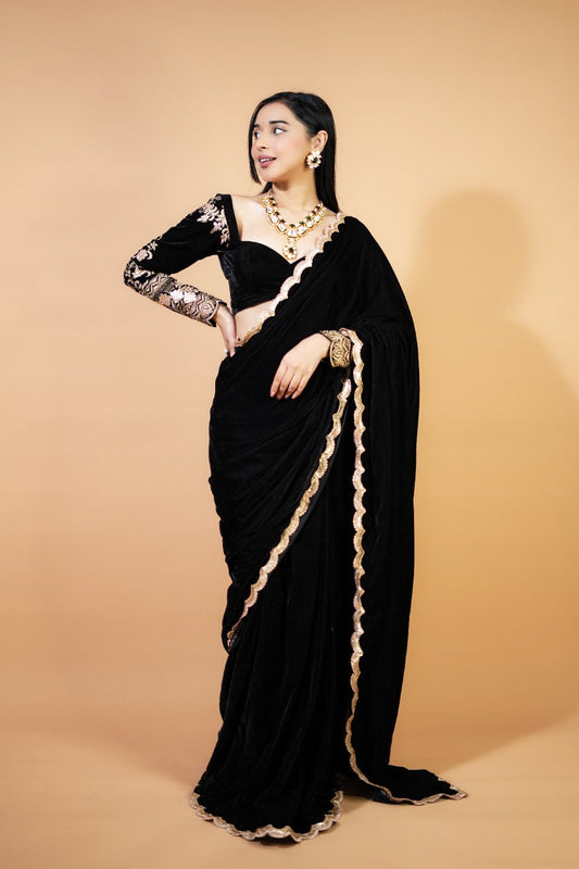 Queens Scallops Velvet Black Saree