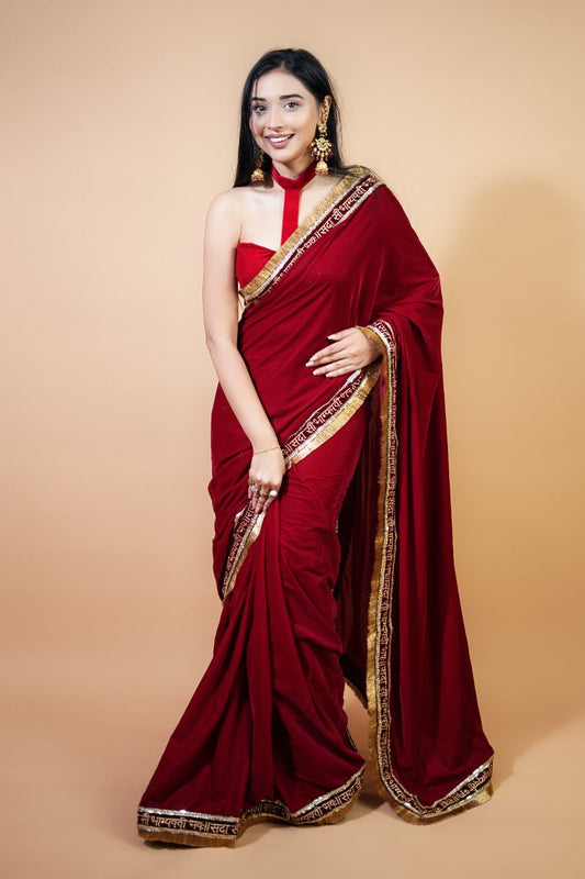 Deep Red Sada saubhagyavati bhava velvet saree