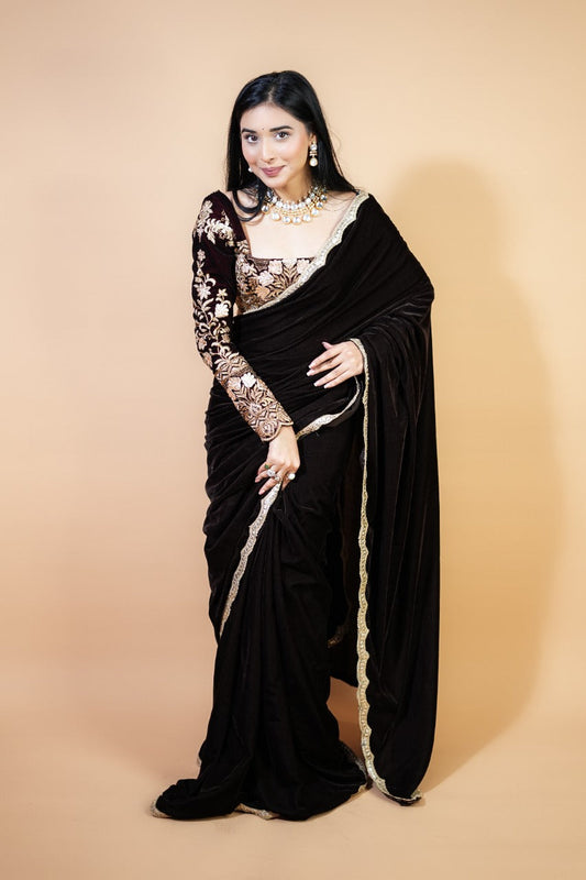 Chocolate Brown Velvet Saree