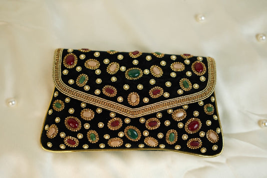 Black velvet Stone Clutch
