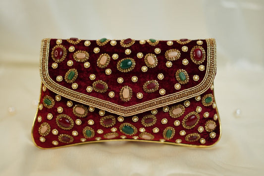 Maroon velvet Stone Clutch